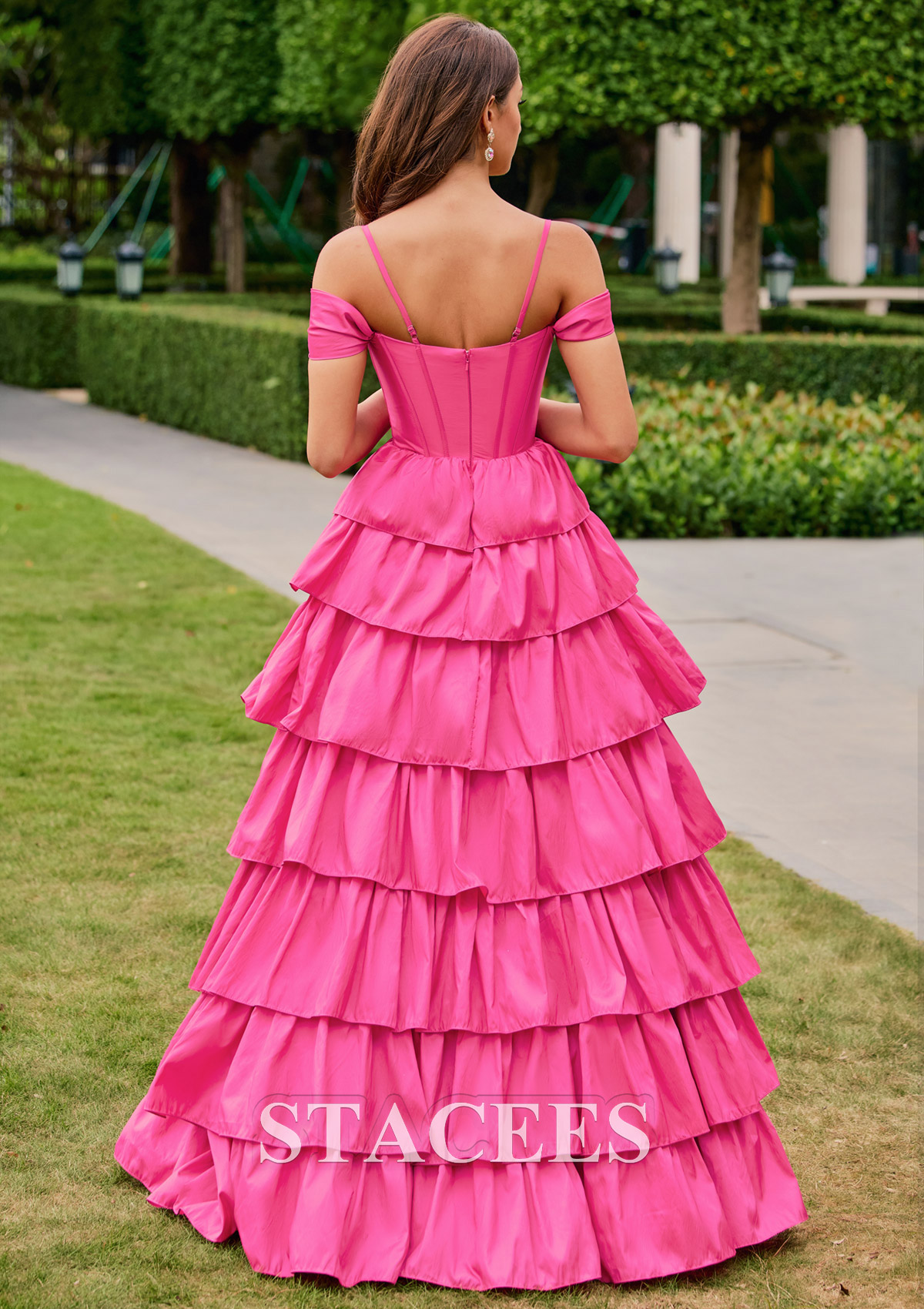 Hot Pink A-line Off-the-Shoulder Straps Taffeta Tiered Ruffle Prom Dress with Slit - STACEES