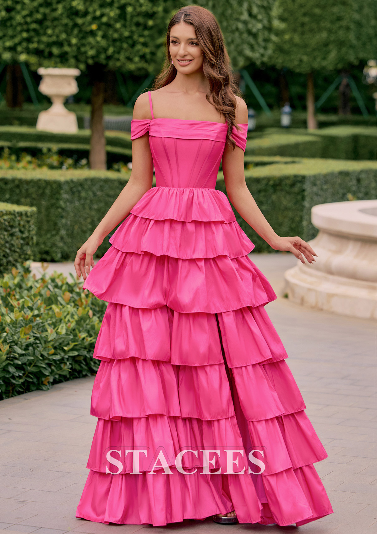 Hot Pink A-line Off-the-Shoulder Straps Taffeta Tiered Ruffle Prom Dress with Slit - STACEES