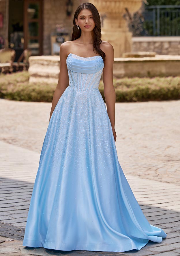 Sparkling A-line Strapless Ruched Corset Hot Fix Satin Prom Dress with Pockets