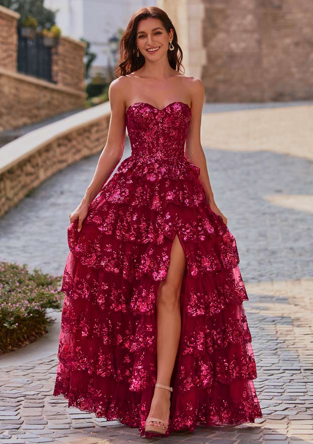 A-line Strapless Sweetheart Sequin Tiered Ruffle Prom Dress with Slit