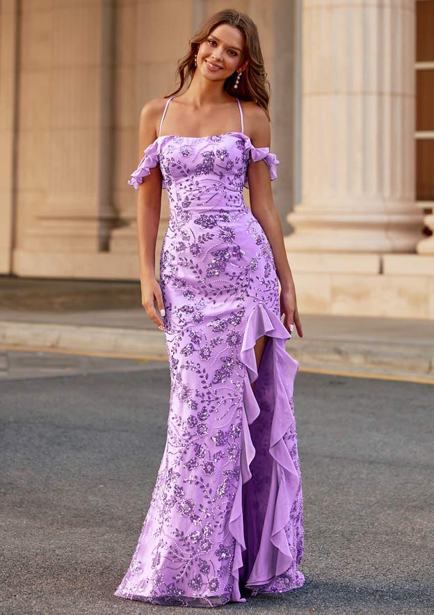 Stacees 2026 Fitted Ruffle Off-The-Shoulder Sequin Slit Prom Dress with Open Strappy Back