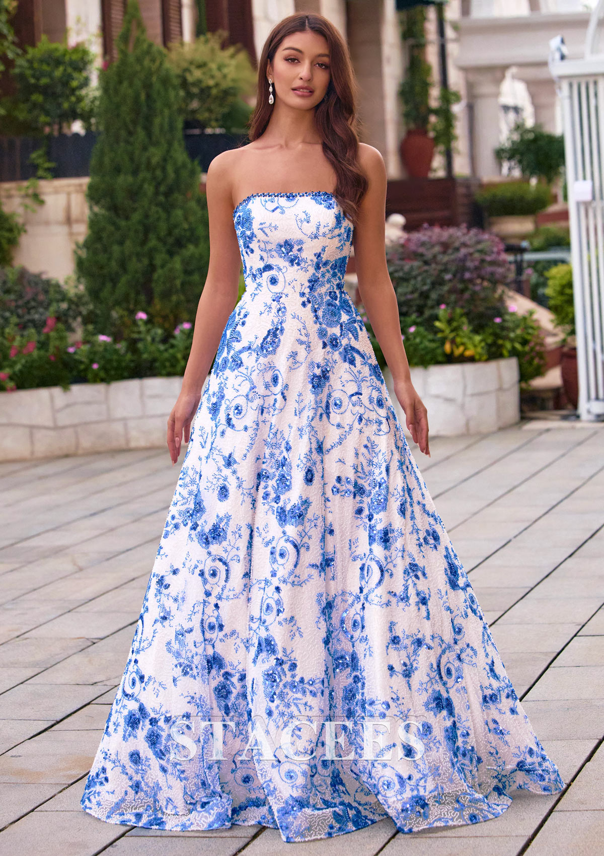 blue and white flower dress Zapaka Women White Blue Flower Maxi Dress A Line Ruffled High-Low Wedding Guest Dress, White Blue Flower / US20W