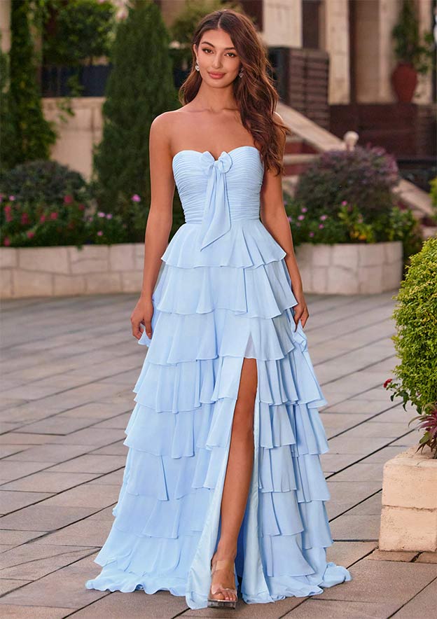 A-line Strapless Tiered Ruffle Chiffon Prom Dress with Front Slit and Bow
