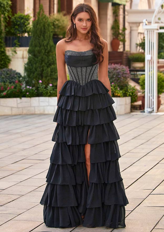 Strapless Ruched A-line Hotfix Corset Tiered Ruffle Chiffon Prom Dress with Slit