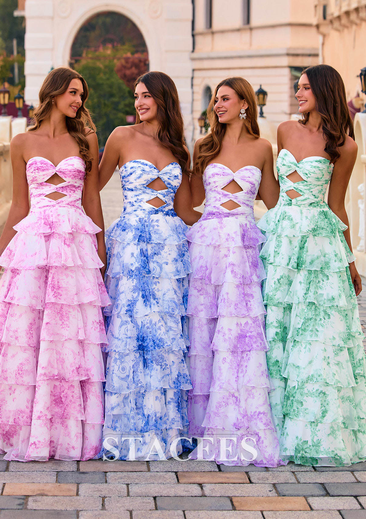 Lavender Floral A-line Strapless Floral Print Tiered Ruffle Prom Dress with Cutout Ruched Corset Bodice - STACEES