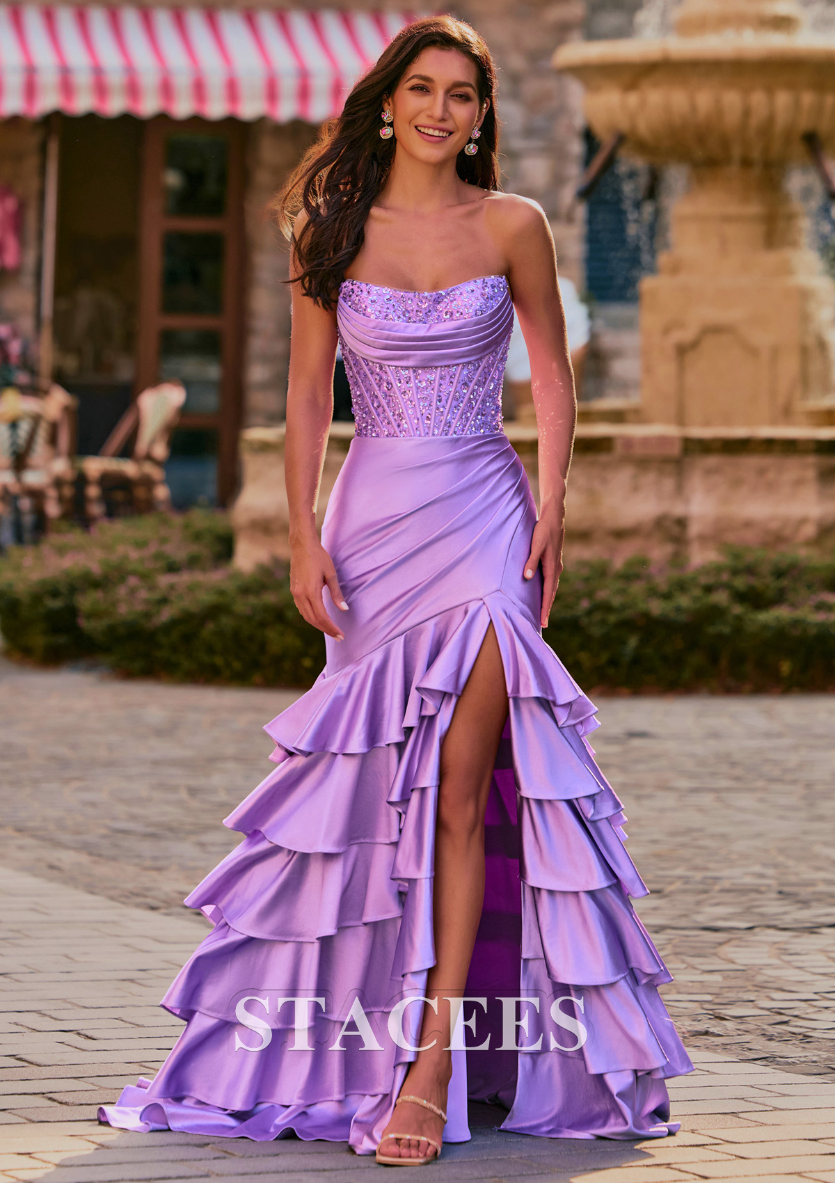 prom dress mermaid ruffle Mermaid Spaghetti Straps Rhinestone Ruffles Long Prom Dress with Slit, Teal / 10