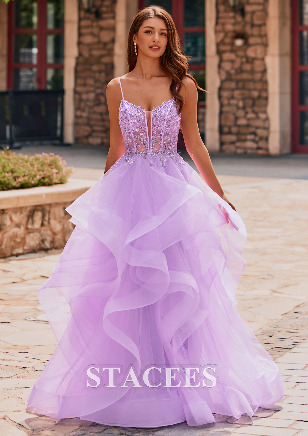 Lilac Ball Gown V Neck Beading Sequins Corset Ruffled Tulle Prom Dress - STACEES