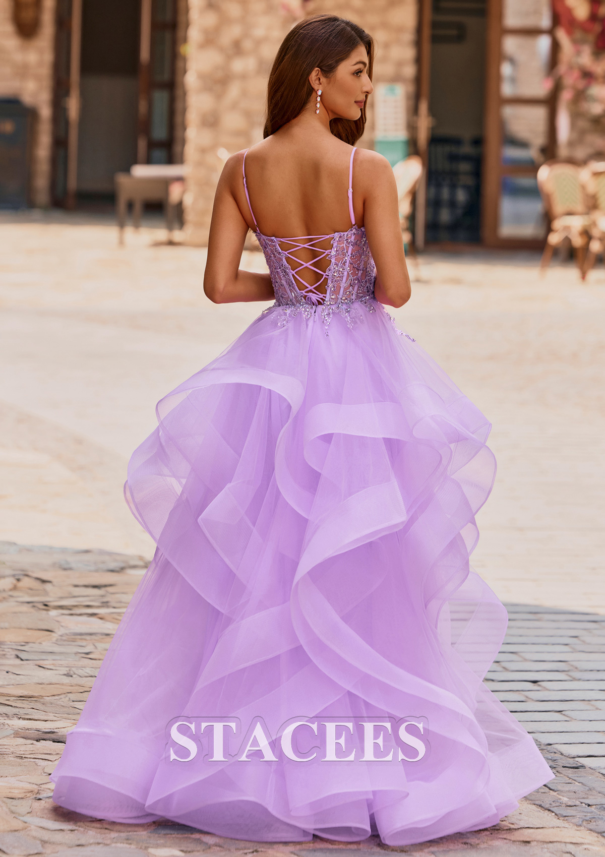 Lilac Ball Gown V Neck Beading Sequins Corset Ruffled Tulle Prom Dress - STACEES