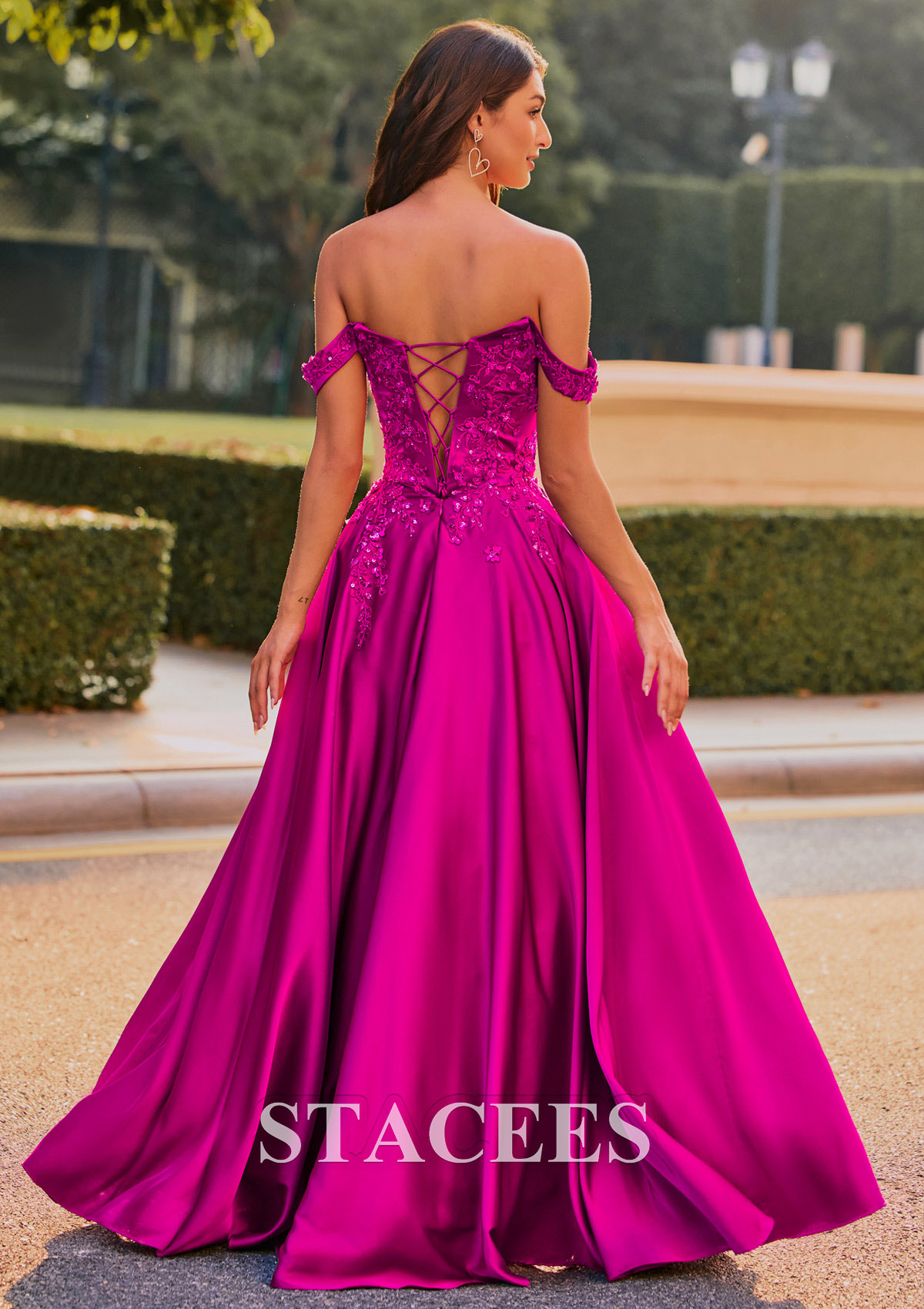off the shoulder embroidered prom dress Andrea and Leo A1107