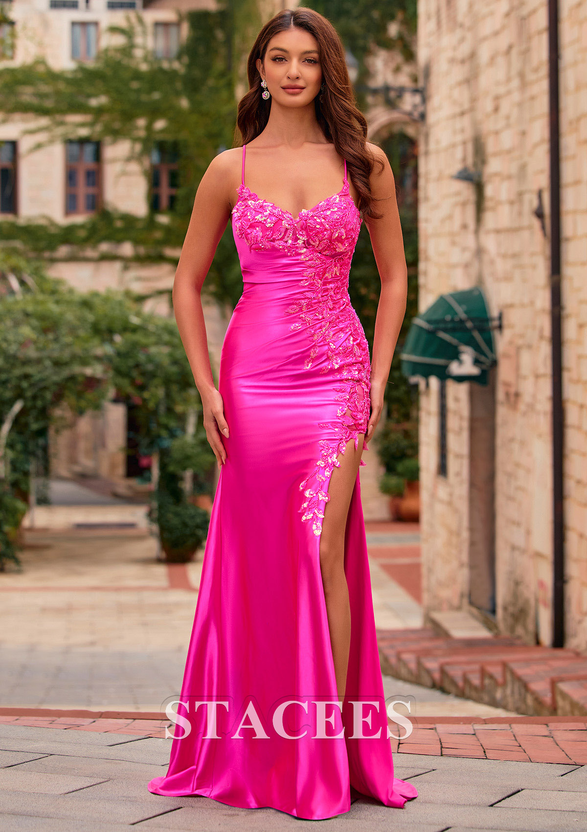 pink satin v neck dress Light Pink Sleek Satin V-Neck Dress For Prom With Beading And Lace-Up
