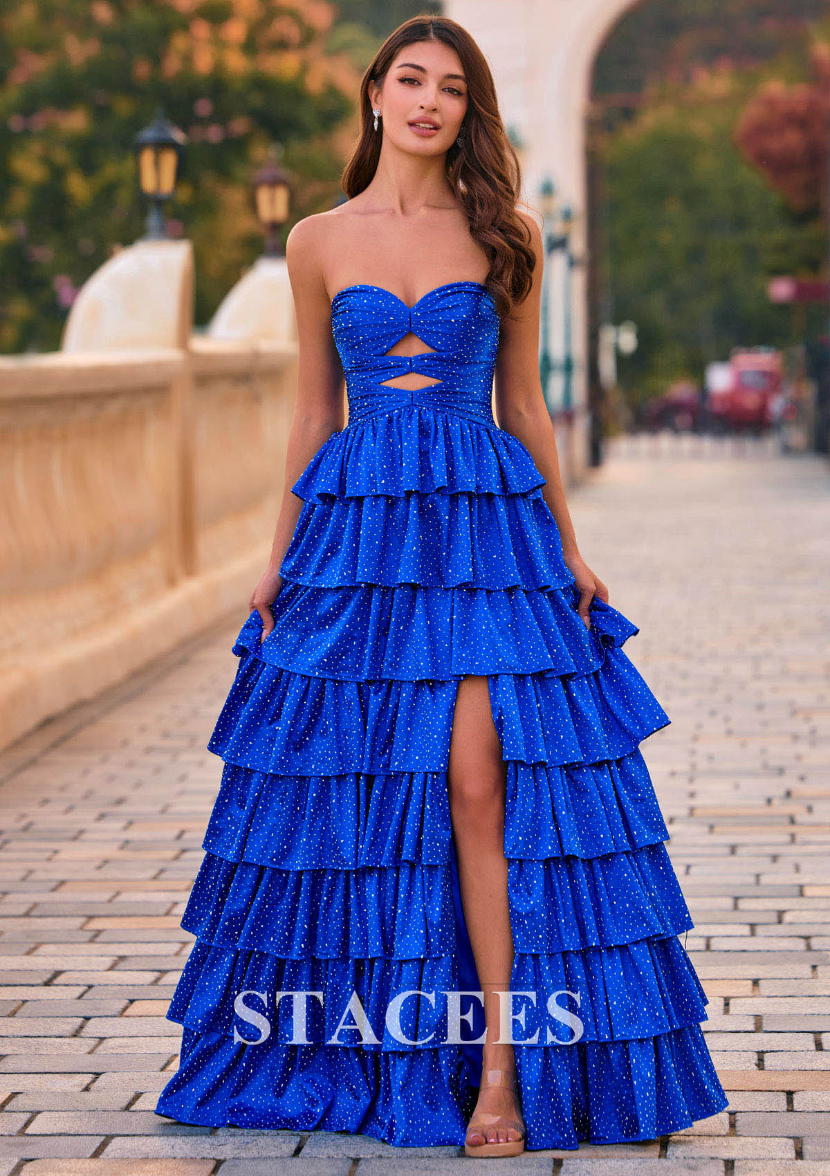 strapless keyhole metallic pleated a-line prom dress with slit Sparkle Hot Fix A-line Strapless Ruffle Prom Dress with Keyhole and Slit  S8857PI - Prom Dresses