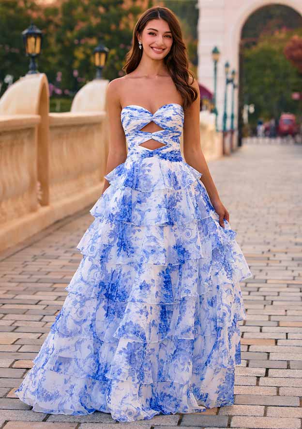 formal colorful dress Stacees 2026 Blue White Floral Print Prom Strapless Cutouts Tiered Ruffle unique prom dress colors