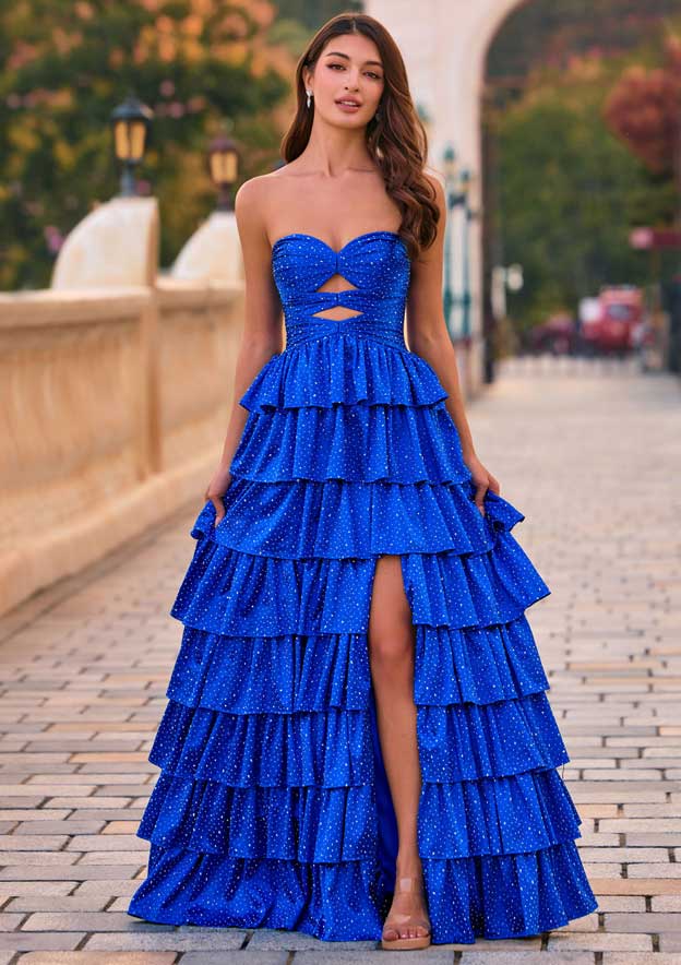 Sparkle Hot Fix A-line Strapless Ruffle Prom Dress with Keyhole and Slit