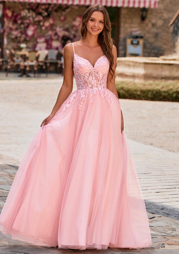 A-line V Neck Floral Lace Applique Corset Tulle Sweep Train Prom Dress