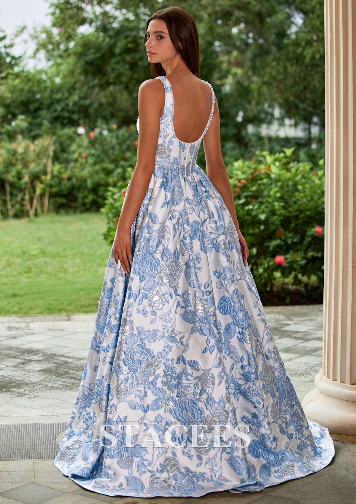 Sky Blue Floral Floral Brocade Pearls Square Neckline Corset Ball Gown Prom Dress