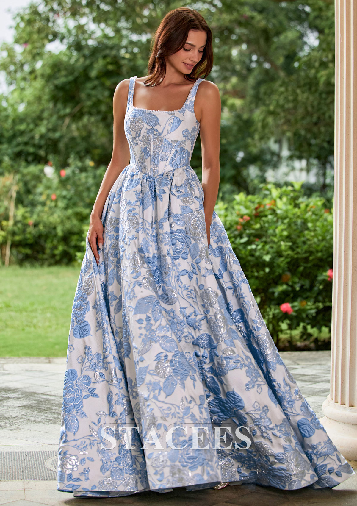 Sky Blue Floral Floral Brocade Pearls Square Neckline Corset Ball Gown Prom Dress