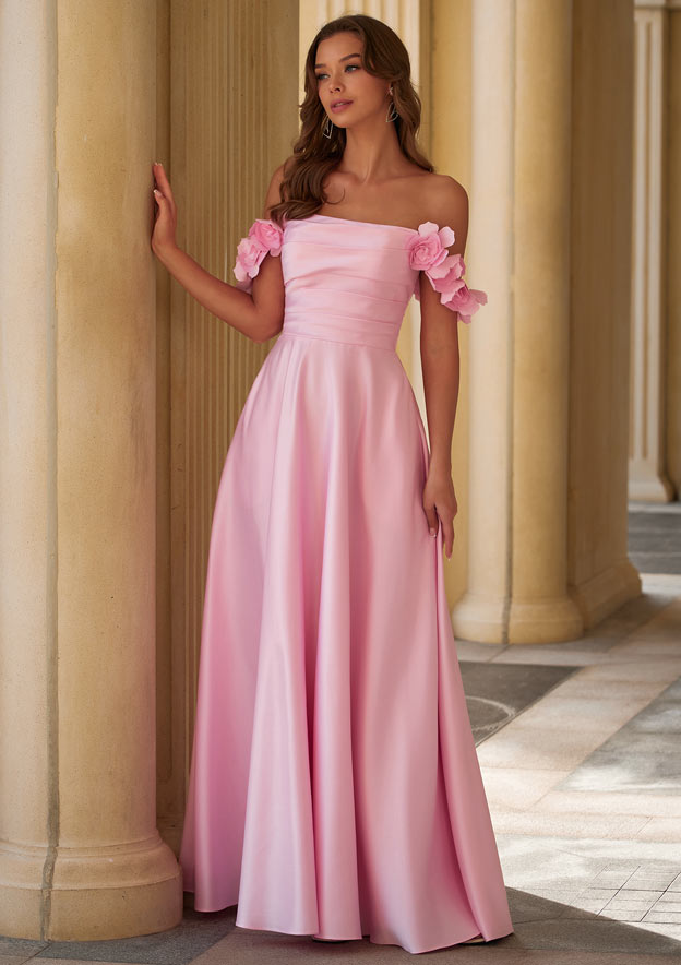 A-line 3D Floral Straps Off-the-Shoulder Prom Dress with Pockets