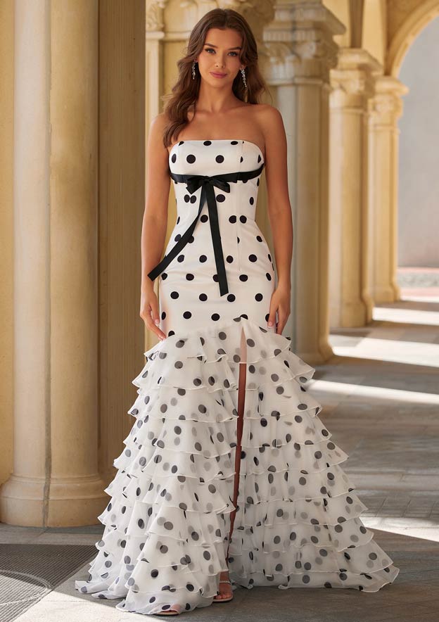 A-line White Black Polka Dot Strapless Prom Dress with Slit Chiffon Ruffle Skirt