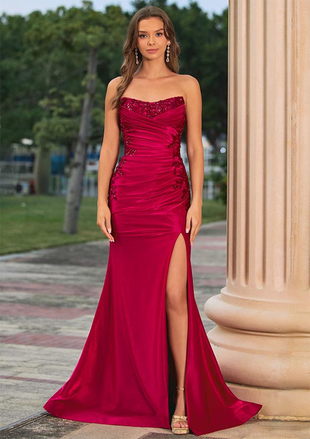 Mermaid Strapless Beaded Applique Corset Ruched Prom Dress with Slit