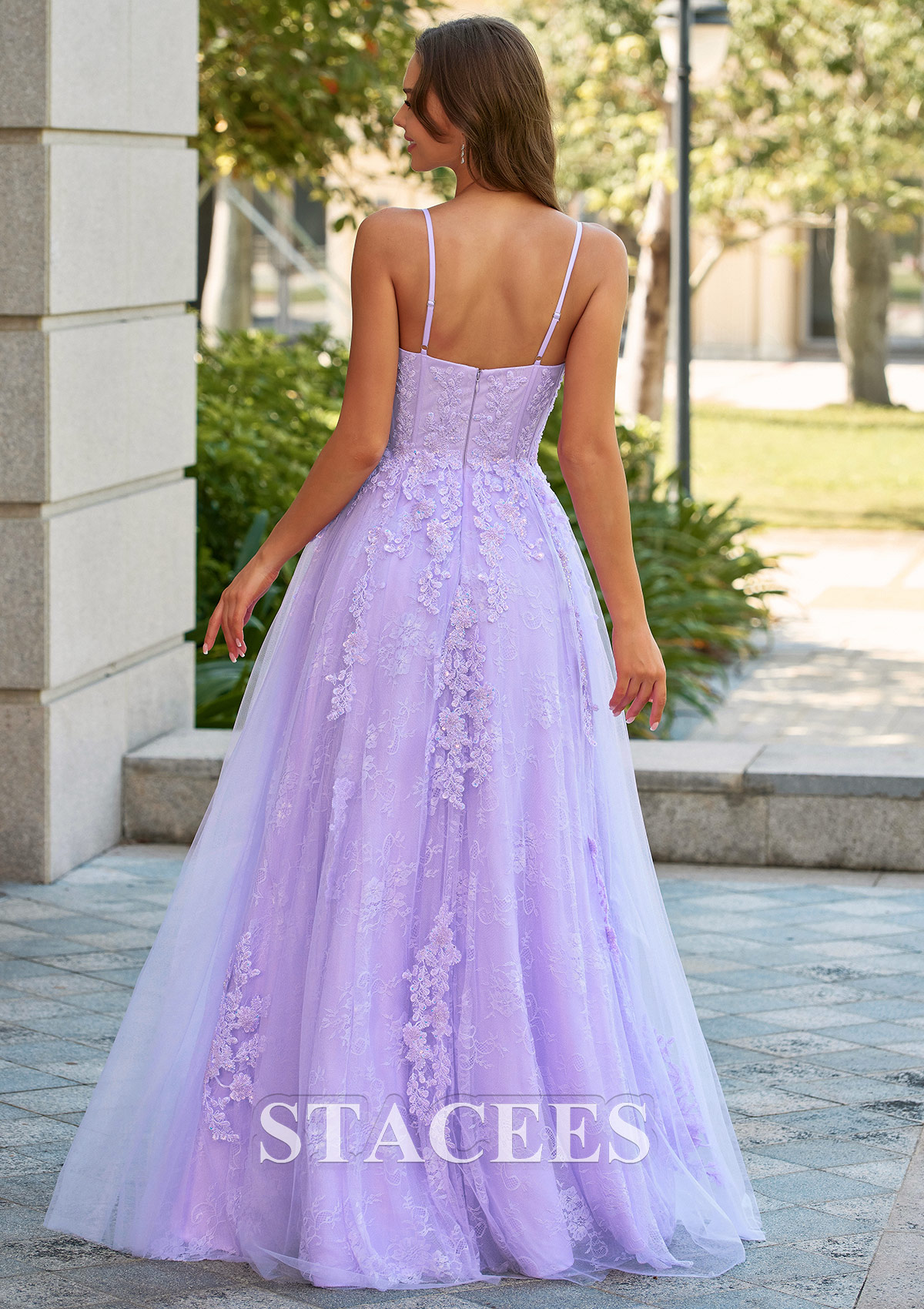 lilac corset prom dress A-Line V Neck Long Dresses with Appliques MD103106 perfect for making a memorable entrance at your next special event Lilac Strapless Corset High Slit