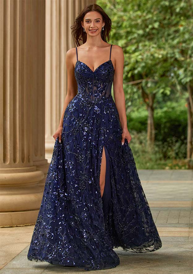 estelle formal sequin lace bustier a-line dress Stacees 2026 Navy A?Line Beaded Prom Dress with Sheer Corset High Slit