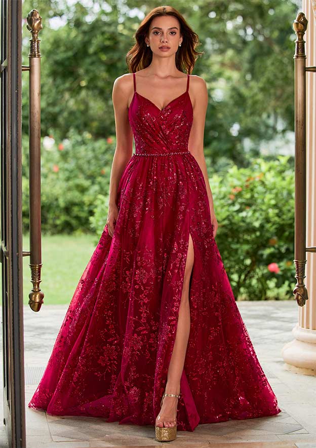 Floral Sequin Glitter A-line Slit Prom Dress with Beaded Waistband