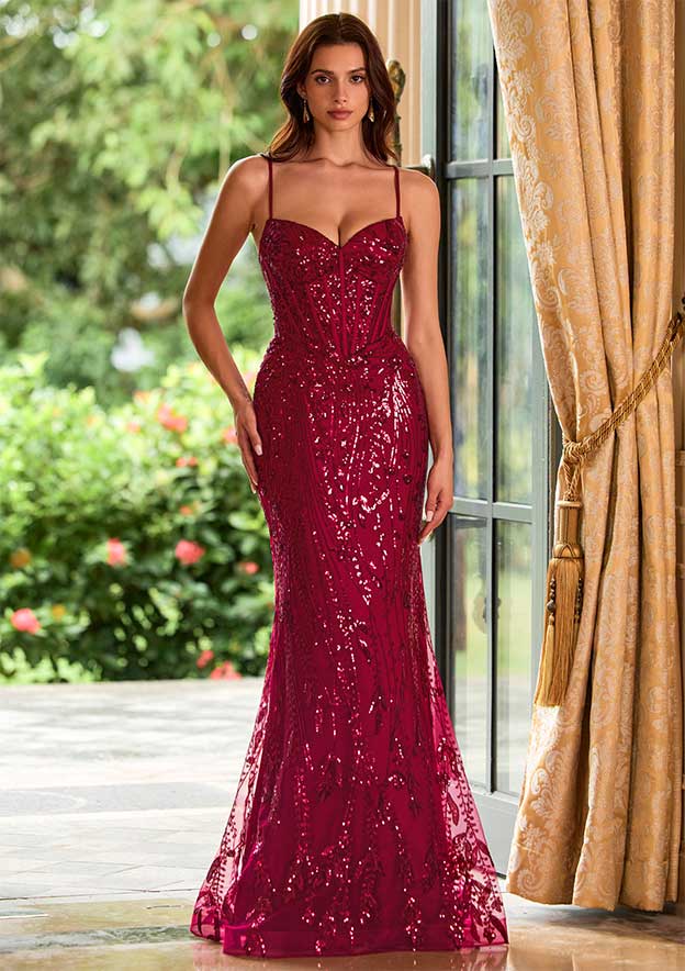 Sparkly Fitted Corset Sequins Mermaid Prom Dress with Spaghetti Straps Lace-Up Back