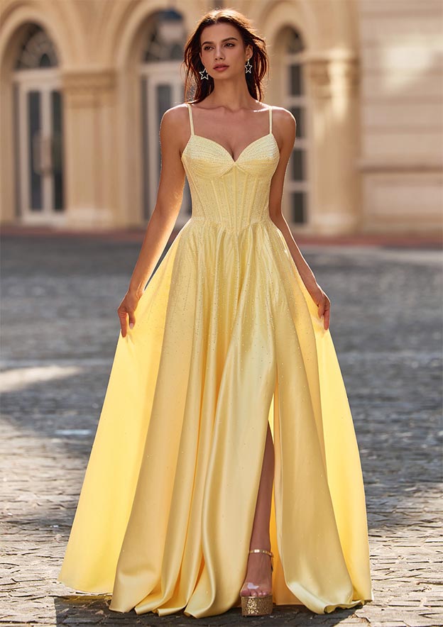 satin prom dress a line Stacees 2026 A-line Hotfix Prom Dress with Corset Pockets and High Slit