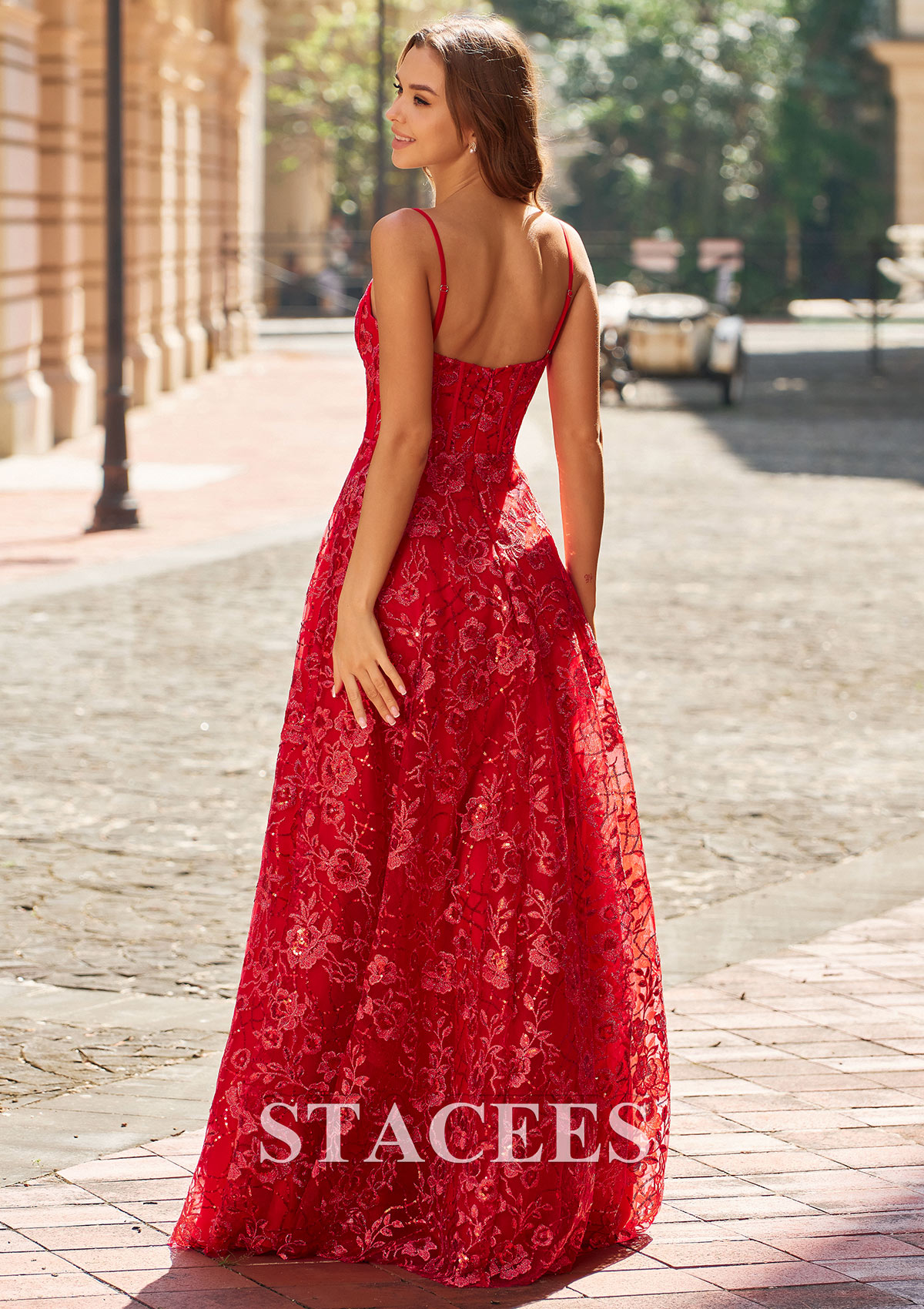 Red Glittering Floral Embroidery A-Line Prom Dress with Spaghetti Straps - STACEES