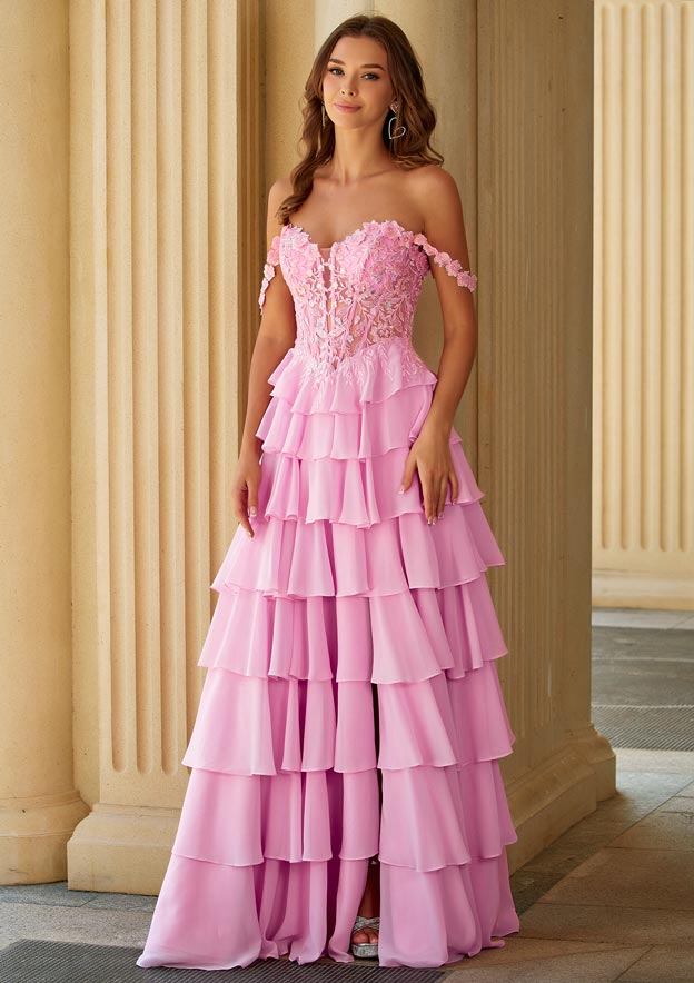 A-line Off-the-Shoulder Tiered Ruffle Prom Dress with Floral Lace Corset