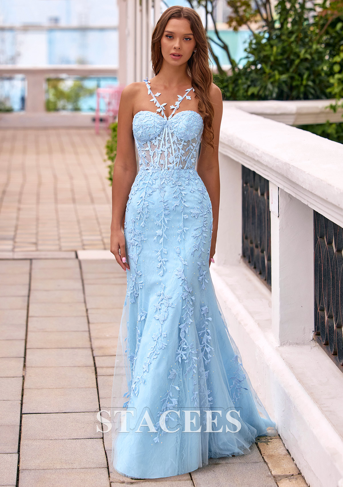 shell prom dress Stacees 2026 Azalea Mermaid Halter Leaf Lace Prom Dress with Sheer Boned Corset
