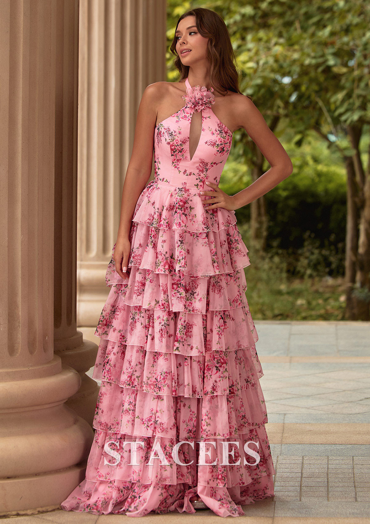 sunday brunch prom dress A-line Floral Print Tiered Ruffle Prom Dress with Halter Neck and Keyhole  Front S9046P - Prom Dresses