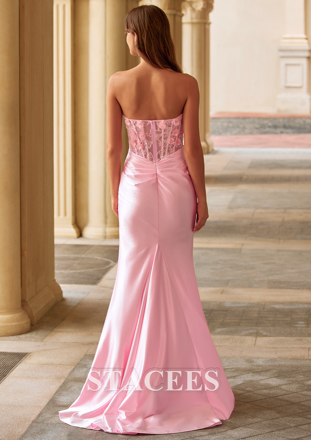 pink mermaid corset floral prom dress with slit Stacees 2026 Lilac Strapless Corset Prom Dress with Floral Applique Slit