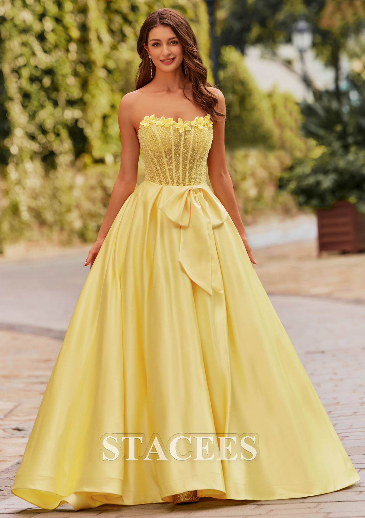 Daffodil Ball Gown Floral Strapless Beads Sheer Corset Prom Dress with Bowknot - STACEES