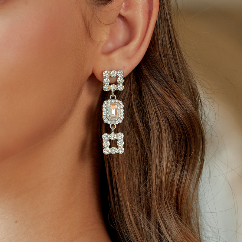 Exquis magnifique femmes carré alliage boucles d'oreilles avec strass