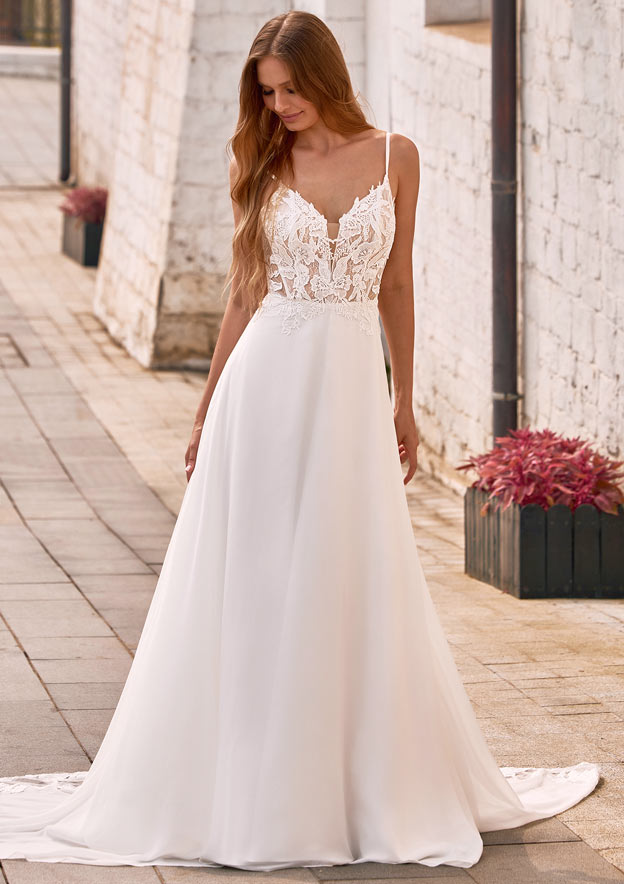 latest wedding dresses for ladies Stacees 2026 A-line V Neck Stretch Crepe Court Train Wedding Dress with Appliqued