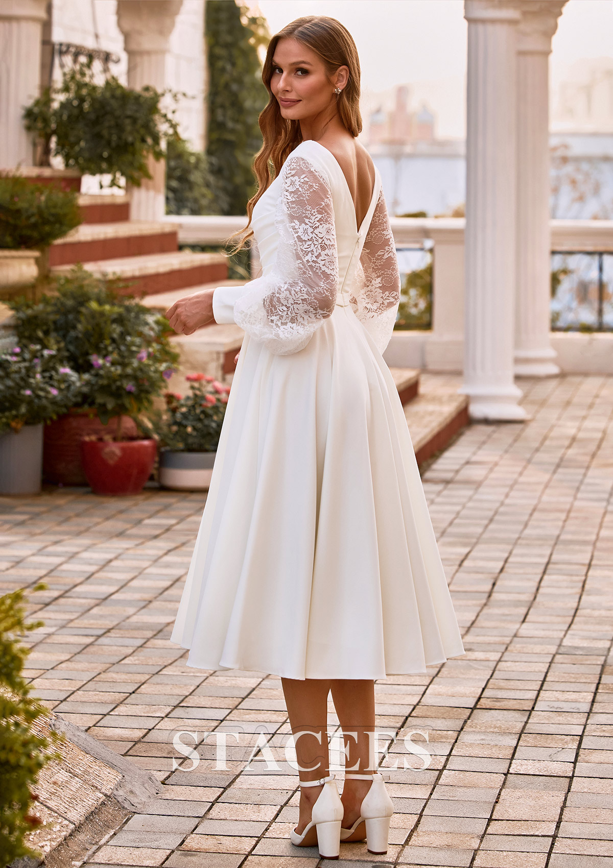 long sleeve tea length wedding dress Stacees 2026 Exquisite A-line Satin Tea-Length with lace sleeves sleeve bridal gown features intricate lace details that beautifully complement its tea Tea Length Wedding Dress with