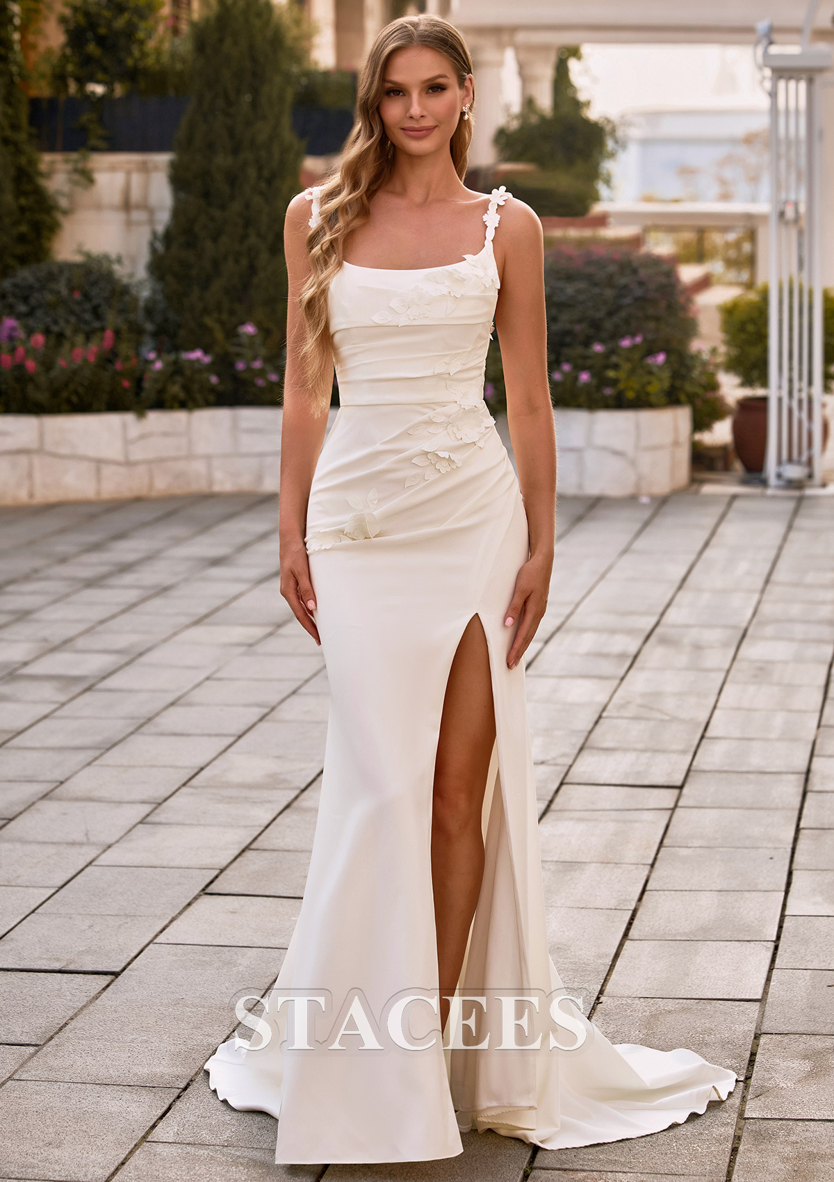 Marfil Corte trompeta/sirena escote redondo crepé elástico cola de corte vestido de novia - STACEES