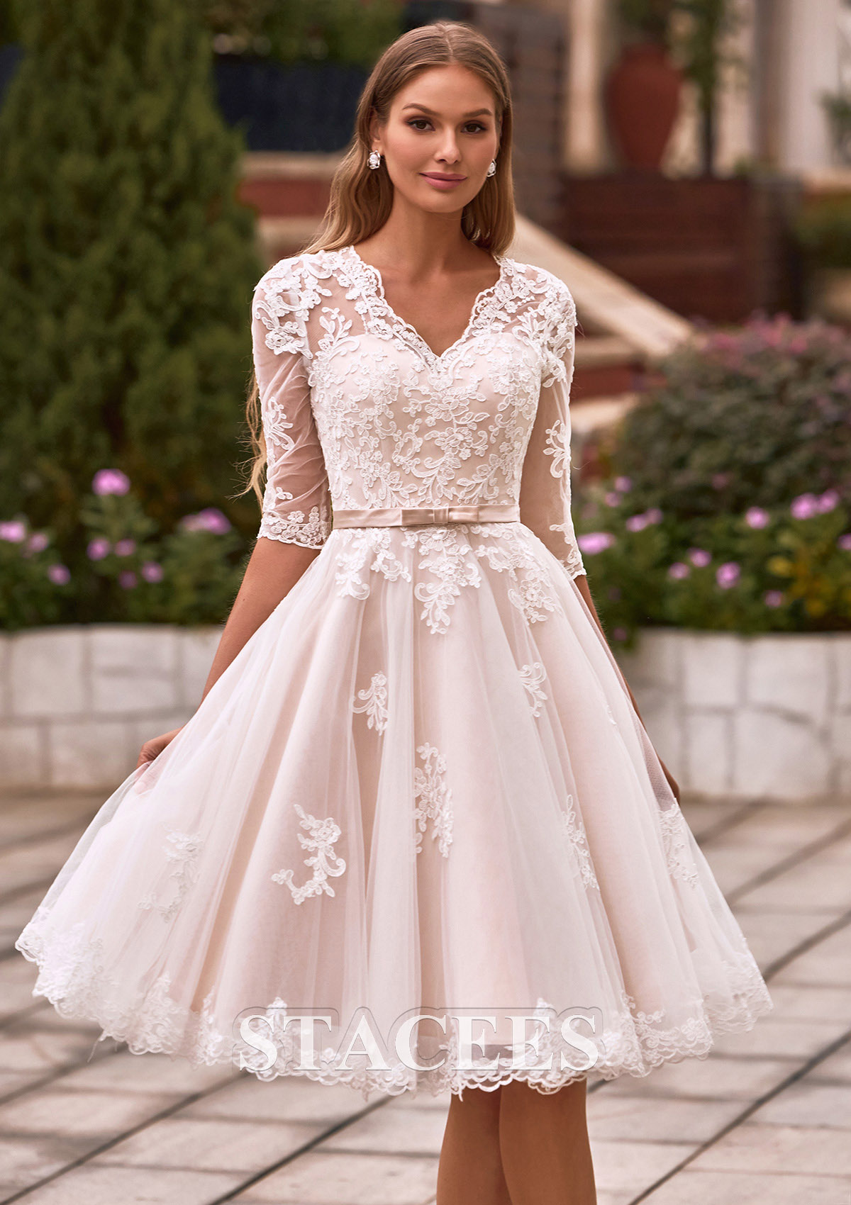 knee length a line wedding dresses Stacees 2026 A-line V Neck Lace Knee-Length Wedding Dress with Pleated Sashes