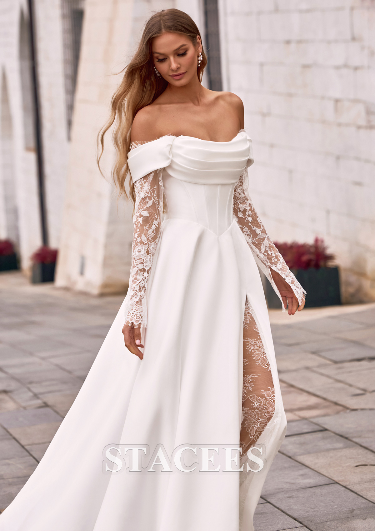 sheer white off shoulder dress Marisa Off-Shoulder Long Sleeve Lace Gown