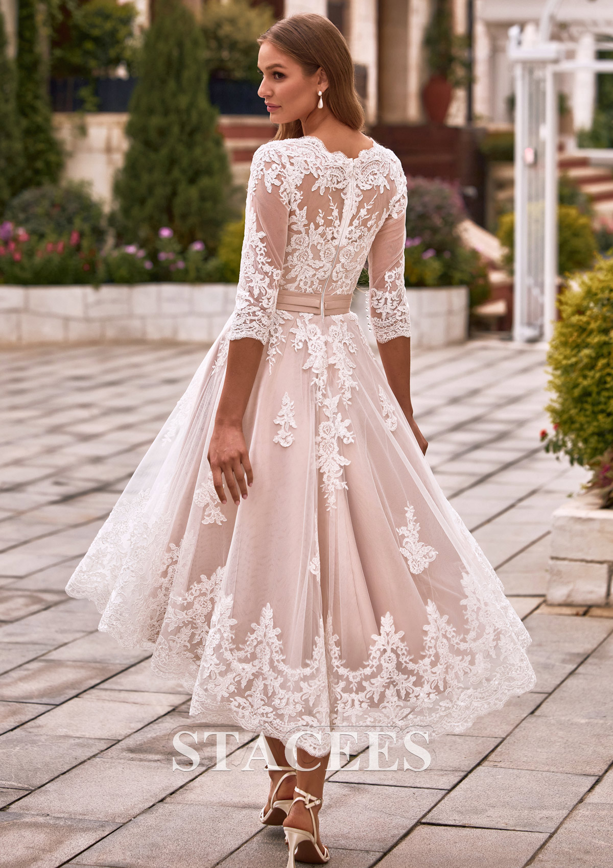 flower lace v neck wedding dress with empire waist Stunning High-Low Lace A-Line Wedding Dress with Illusion Lace Back S3204W  - Wedding Dresses