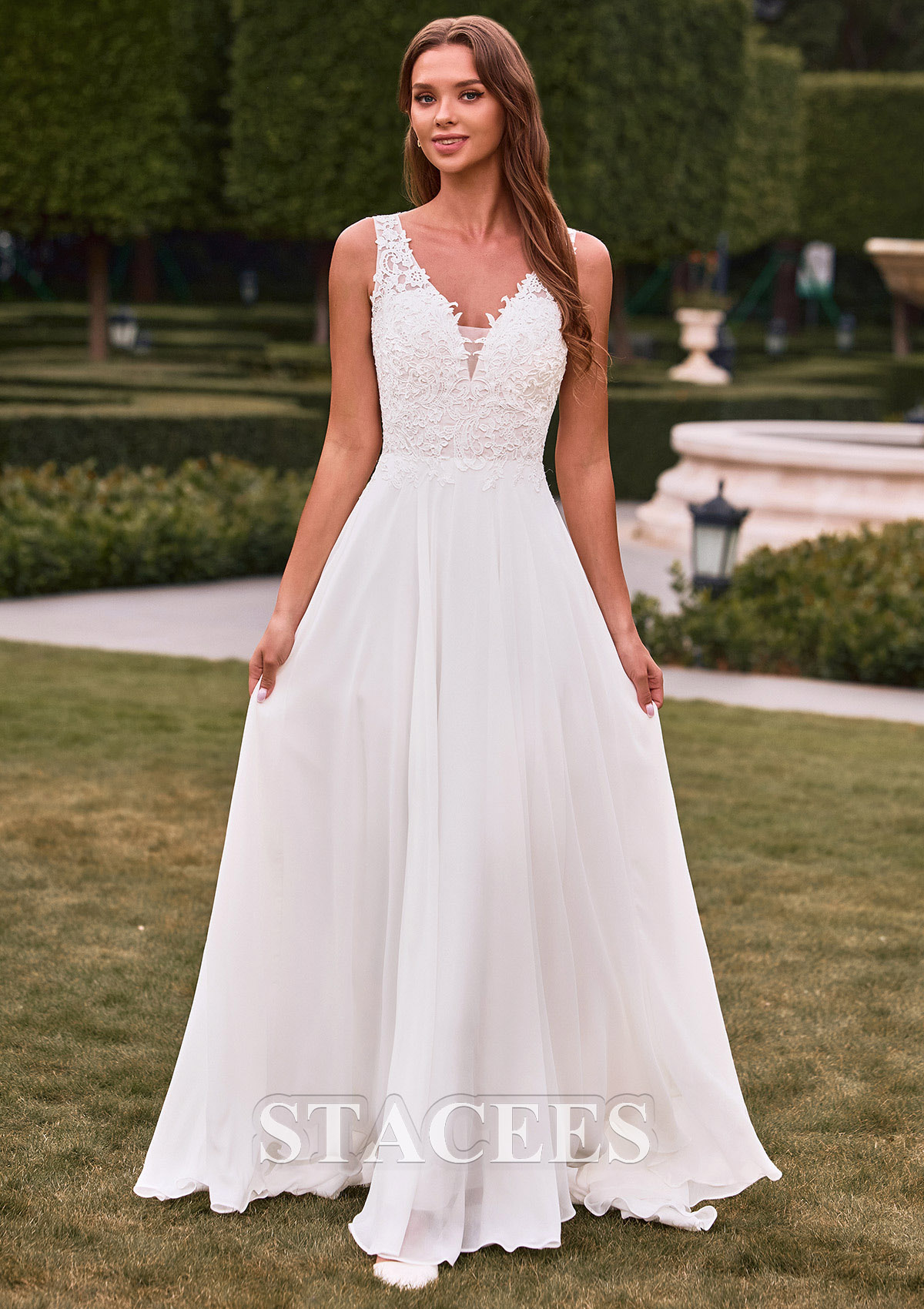lace bodice chiffon dress CHIFFON A-LINE BEADED LACE BODICE DRESS WITH REMOVABLE CAPE BY LADIVINE STYLE CDS503 NAVY BLUE / 4