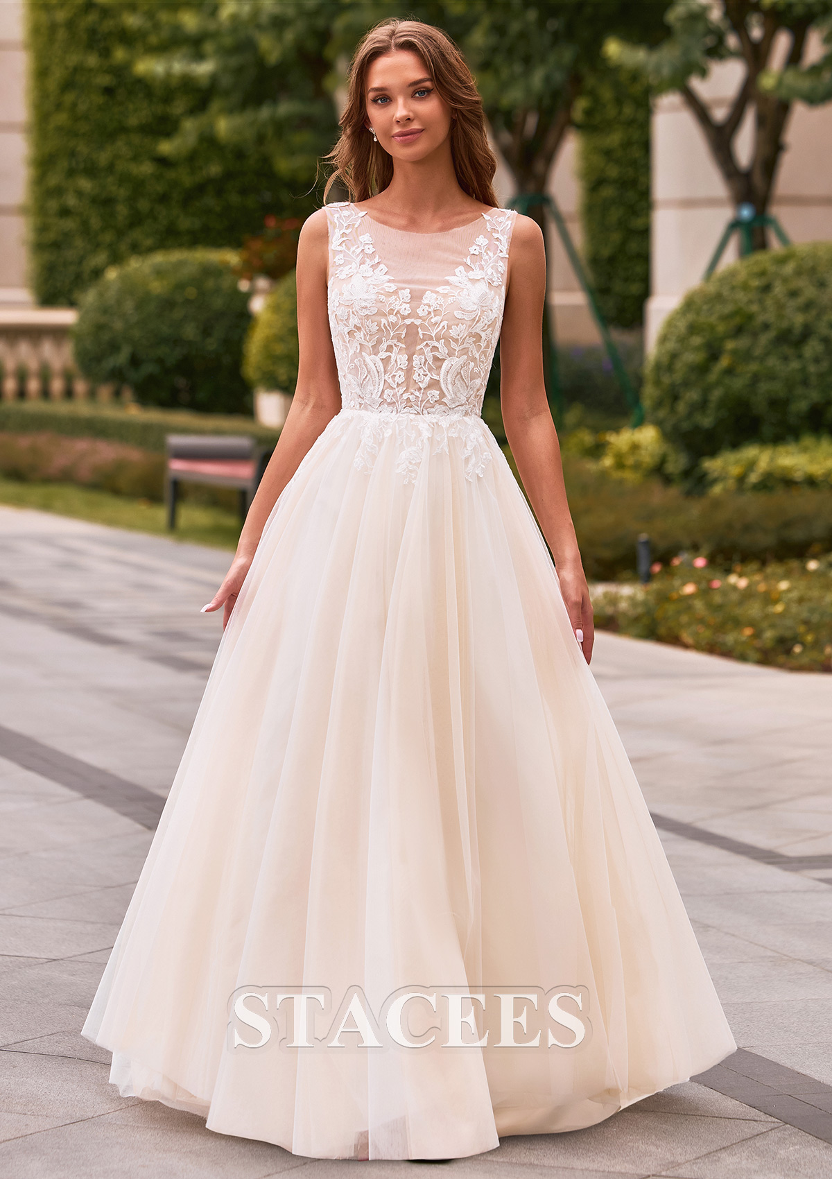 Ivory/Champagne Classic A-line Tulle Lace Illusion Corset Wedding Dress - STACEES