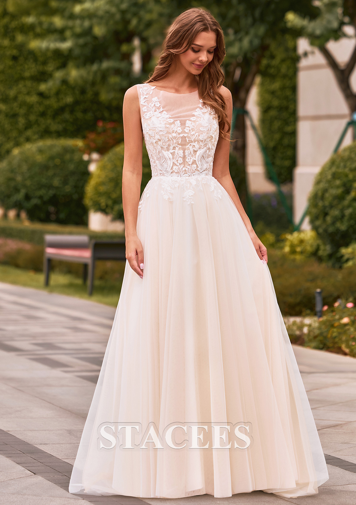 Ivory/Champagne Classic A-line Tulle Lace Illusion Corset Wedding Dress - STACEES