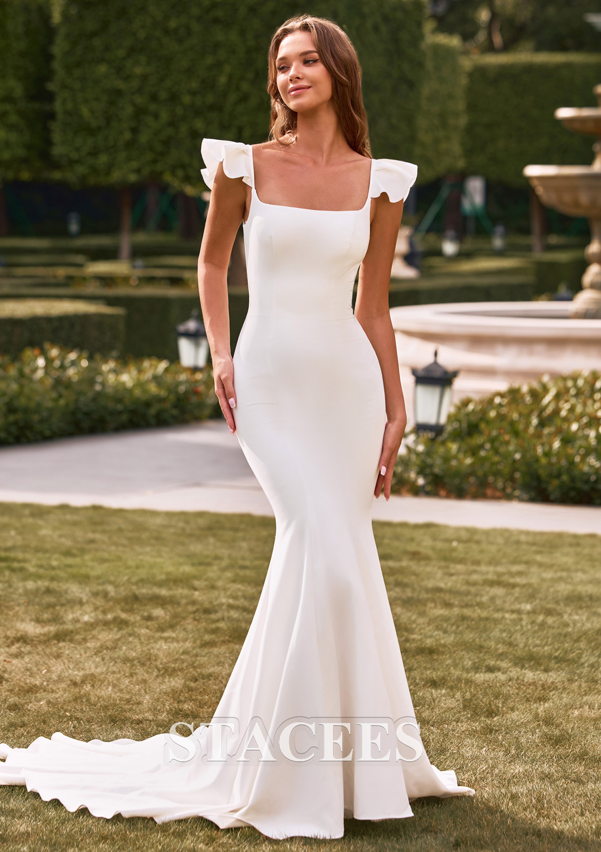 Ivory Glamorous Mermaid Chapel Train Bridal Gown with Ruffled Straps