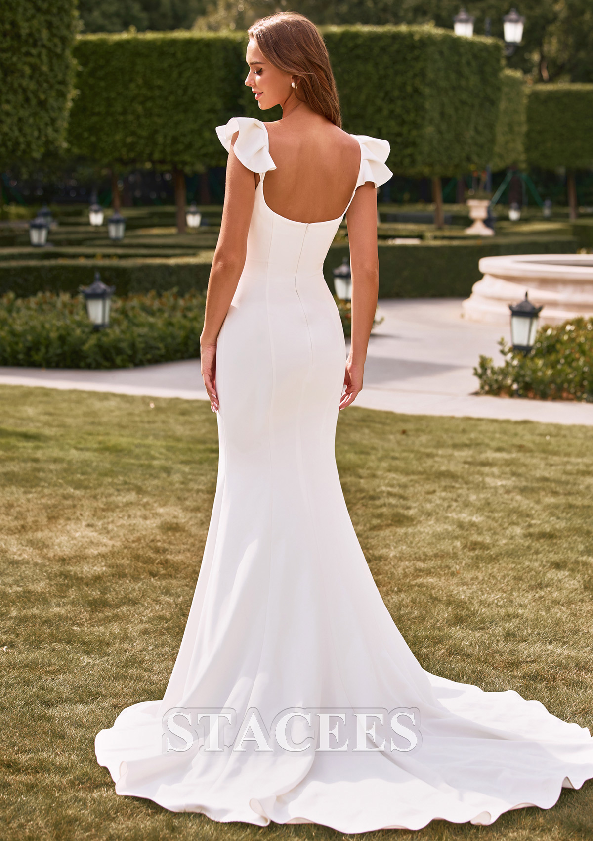 Ivory Glamorous Mermaid Chapel Train Bridal Gown with Ruffled Straps