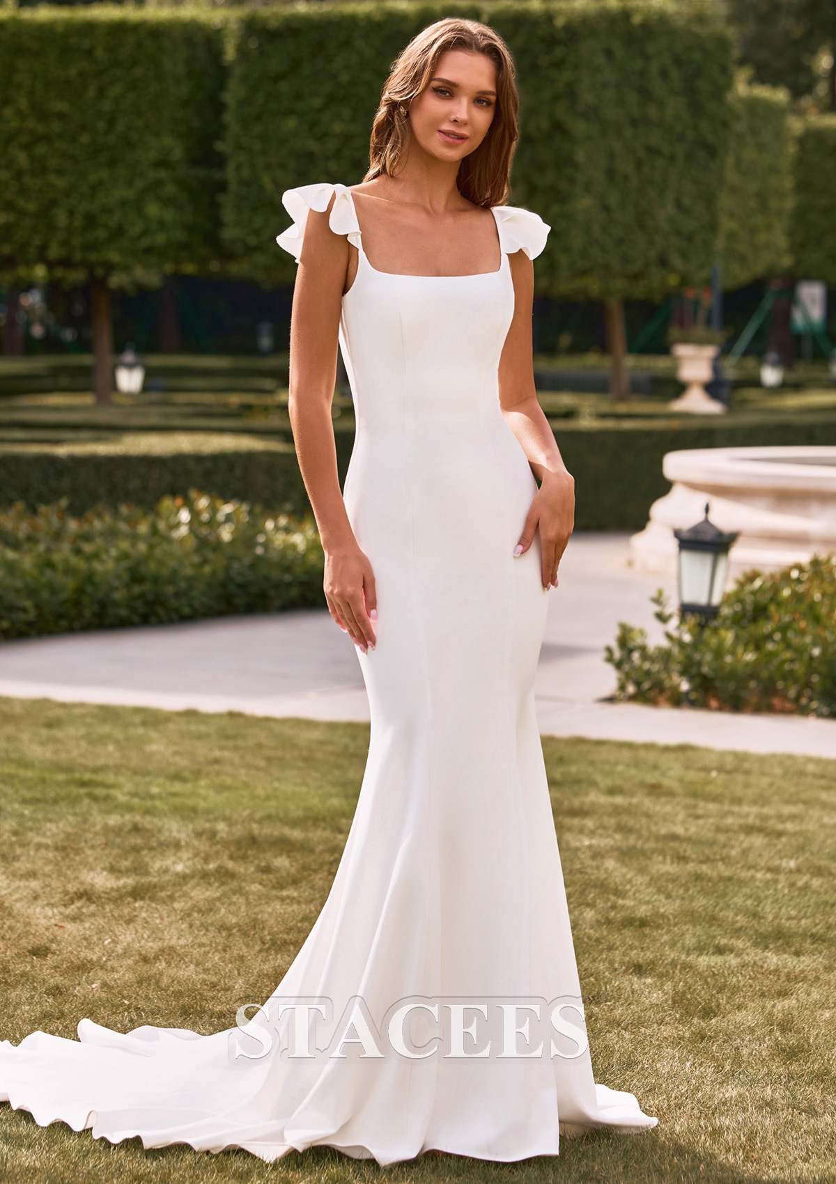 Ivory Glamorous Mermaid Chapel Train Bridal Gown with Ruffled Straps