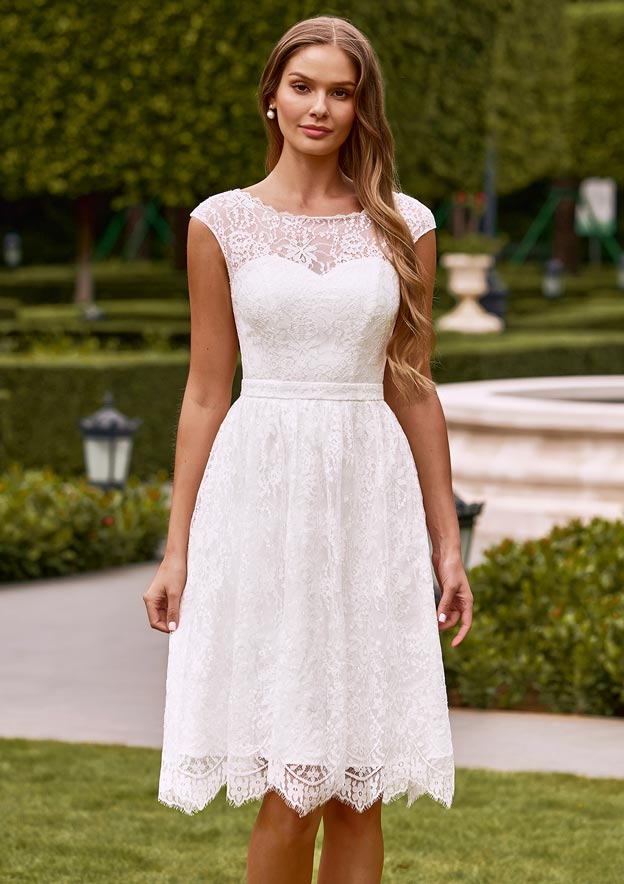 knee length white lace dress Stacees 2026 A-line Illusion Neck Lace Knee-Length Wedding Dress with Waistband