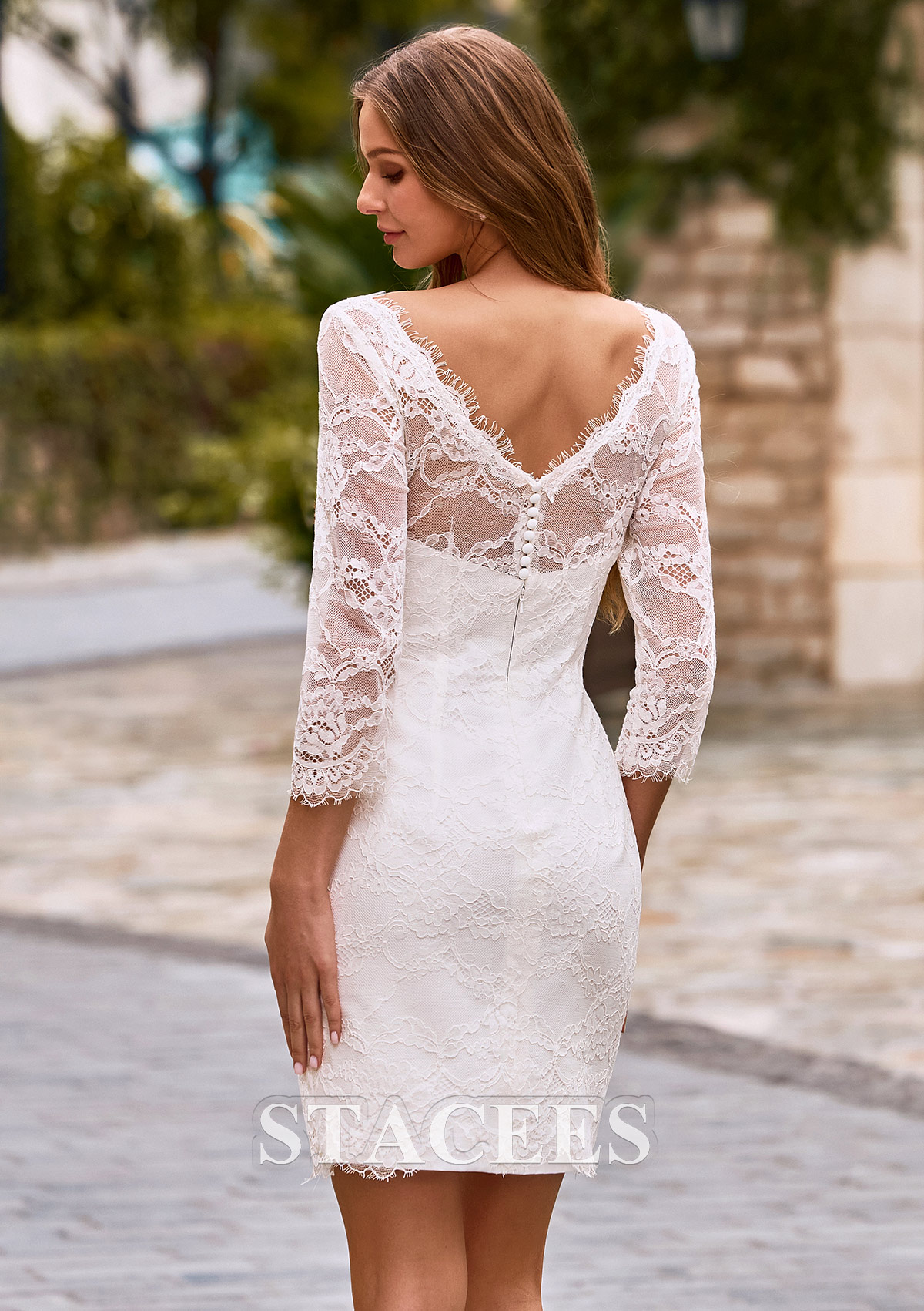 short lace sheath dress Exquisite Bateau Lace 3/4 Sleeves Sheath Short Reception Wedding Dress  S3205W - Wedding Dresses