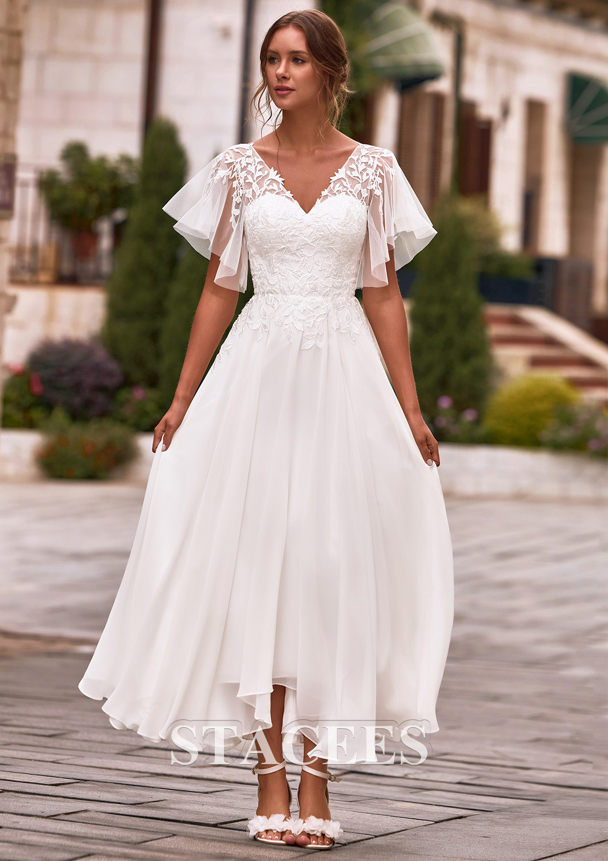 tulle and chiffon dress Elegant Baby Blue Lace & Chiffon Scalloped Formal Gown